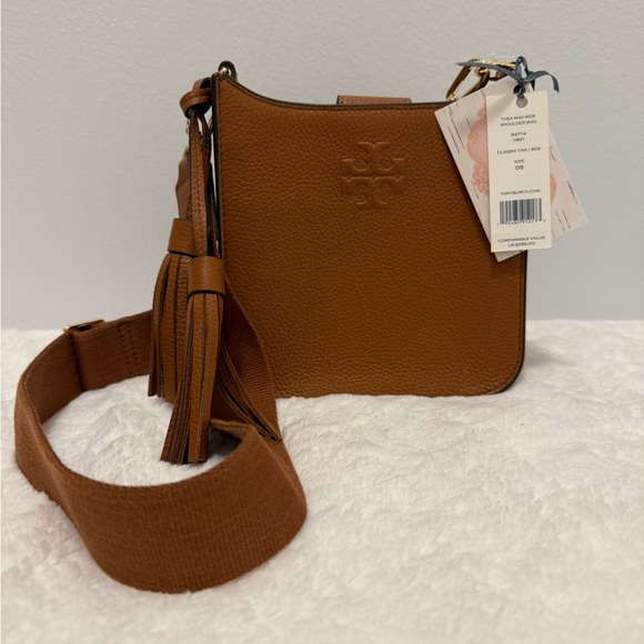 Tory Burch Handbags - Tory Burch Mini Web Brown Pebbled Leather Crossbody Bag NWT